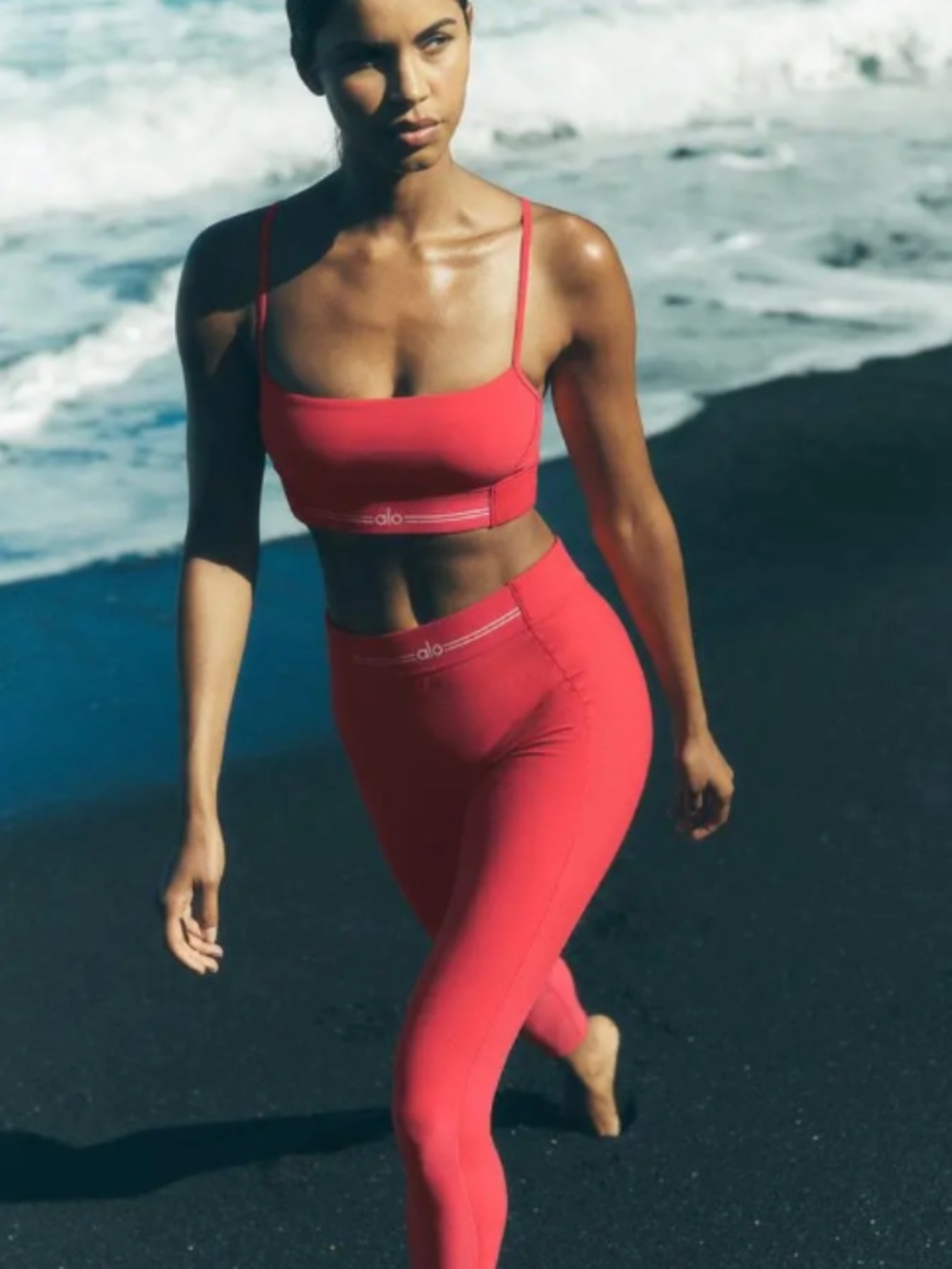 Alo Yoga Alosoft Candy Red Bra & Legging Set